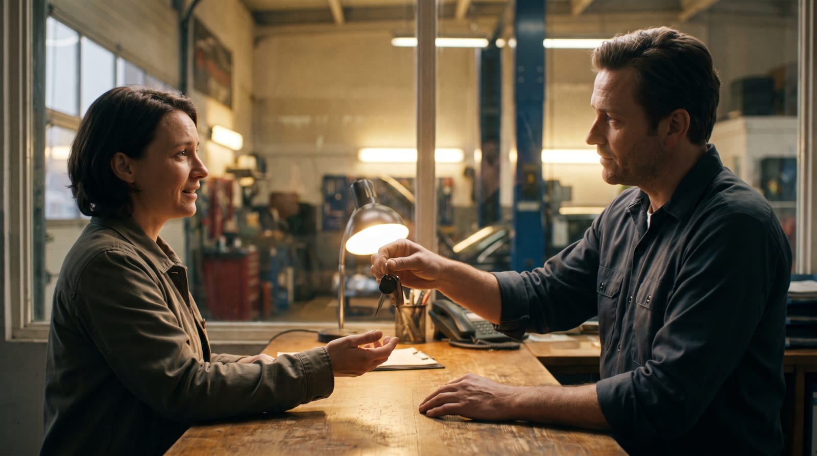A service advisor handing car keys back to a relieved customer at a warm shop counter