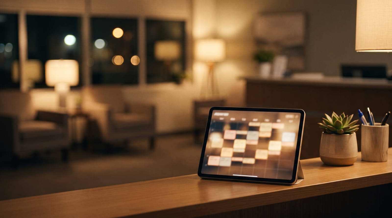 A tablet at a warm reception desk showing an appointment calendar with open slots
