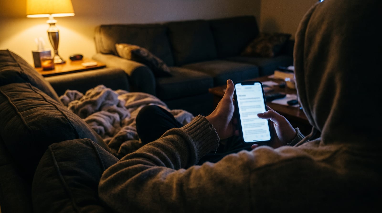 A weary person on a couch at night, thumb hovering over a long booking form on a phone