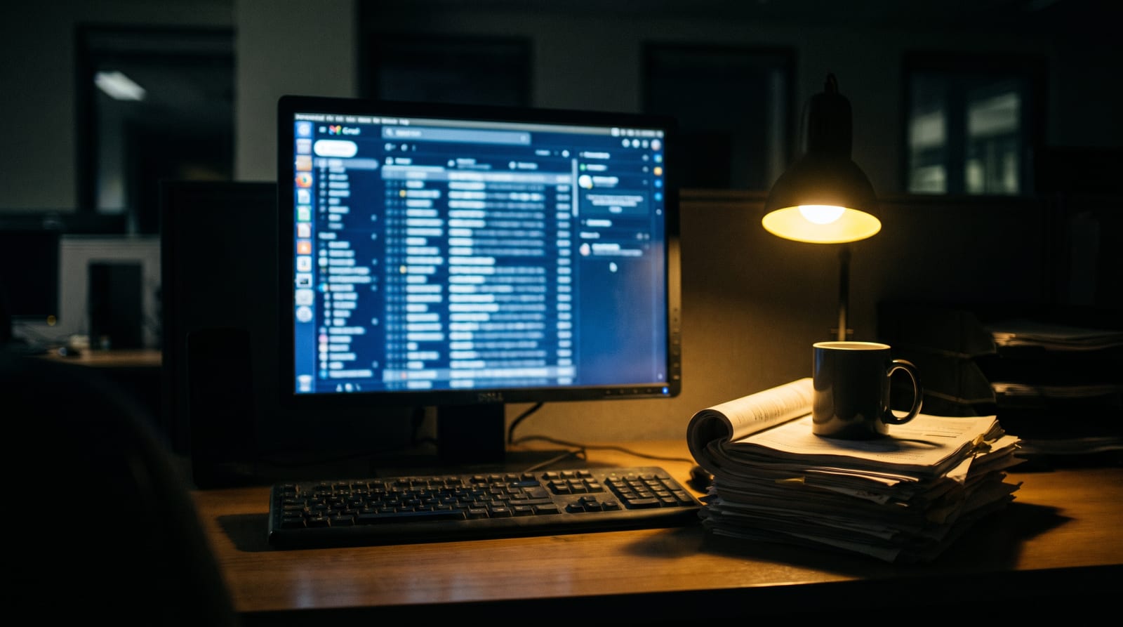 A desk at night with a glowing screen showing a long queue of messages and a stack of printed pages