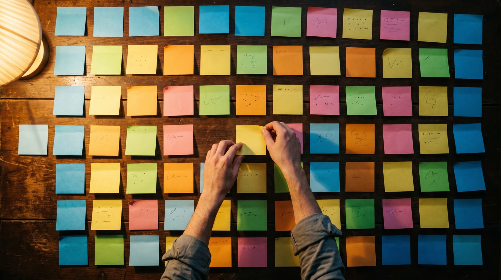 A table of sticky notes being sorted into a service-and-area grid