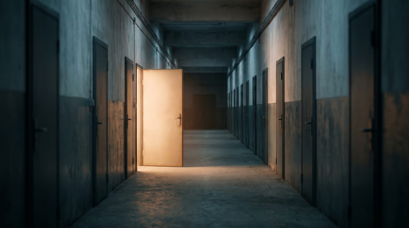 A dim hallway of identical doors with one door standing open and glowing