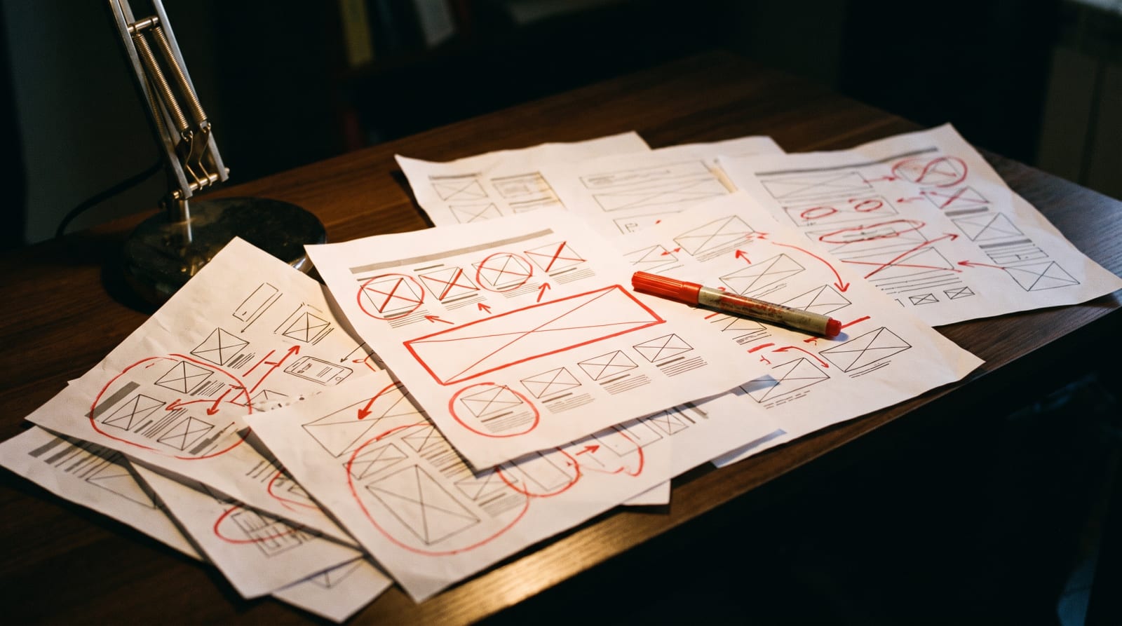 Printed homepage wireframes on a desk, marked up with red pen