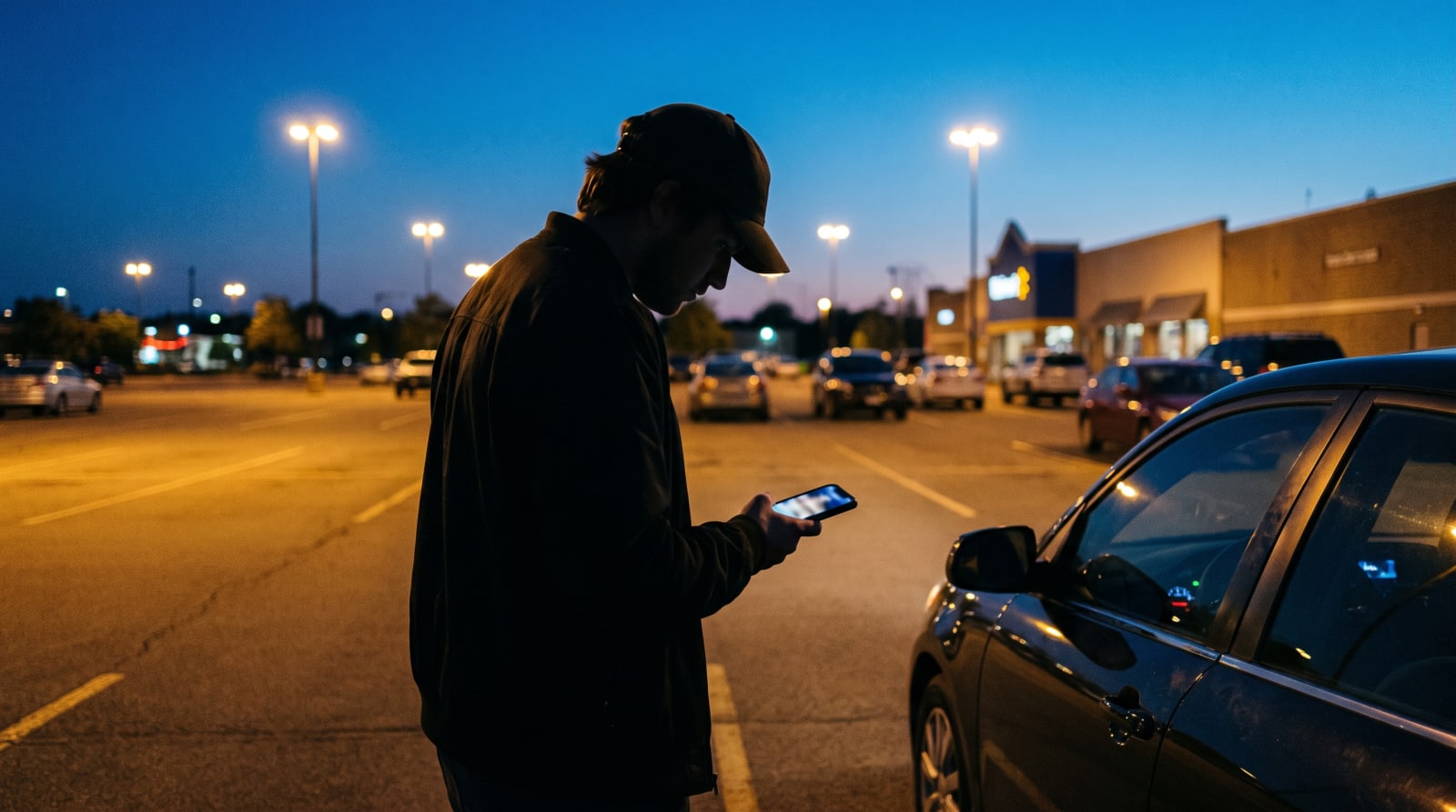 A person in a parking lot at dusk waiting on a slow-loading website on their phone