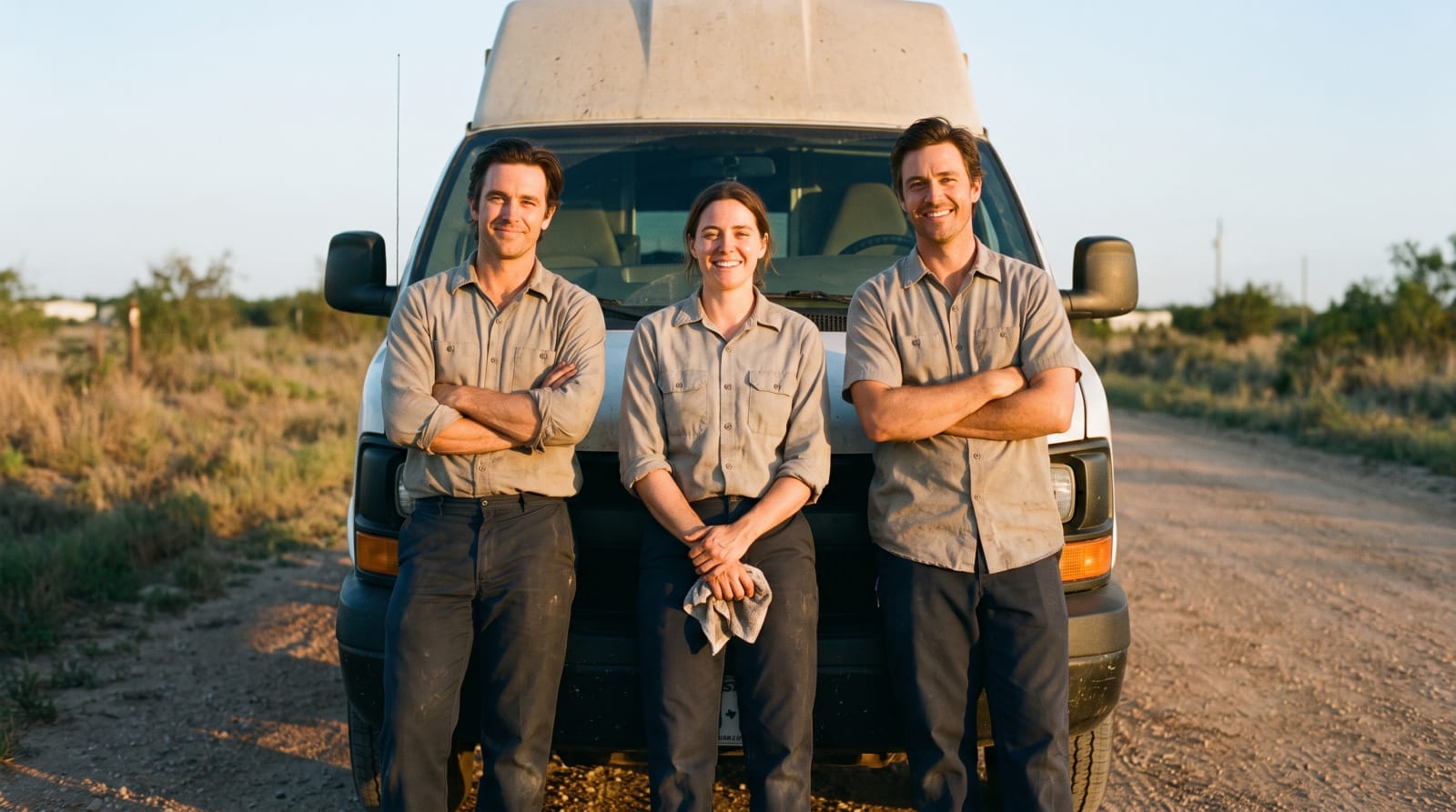 A real work crew standing by their service van at golden hour
