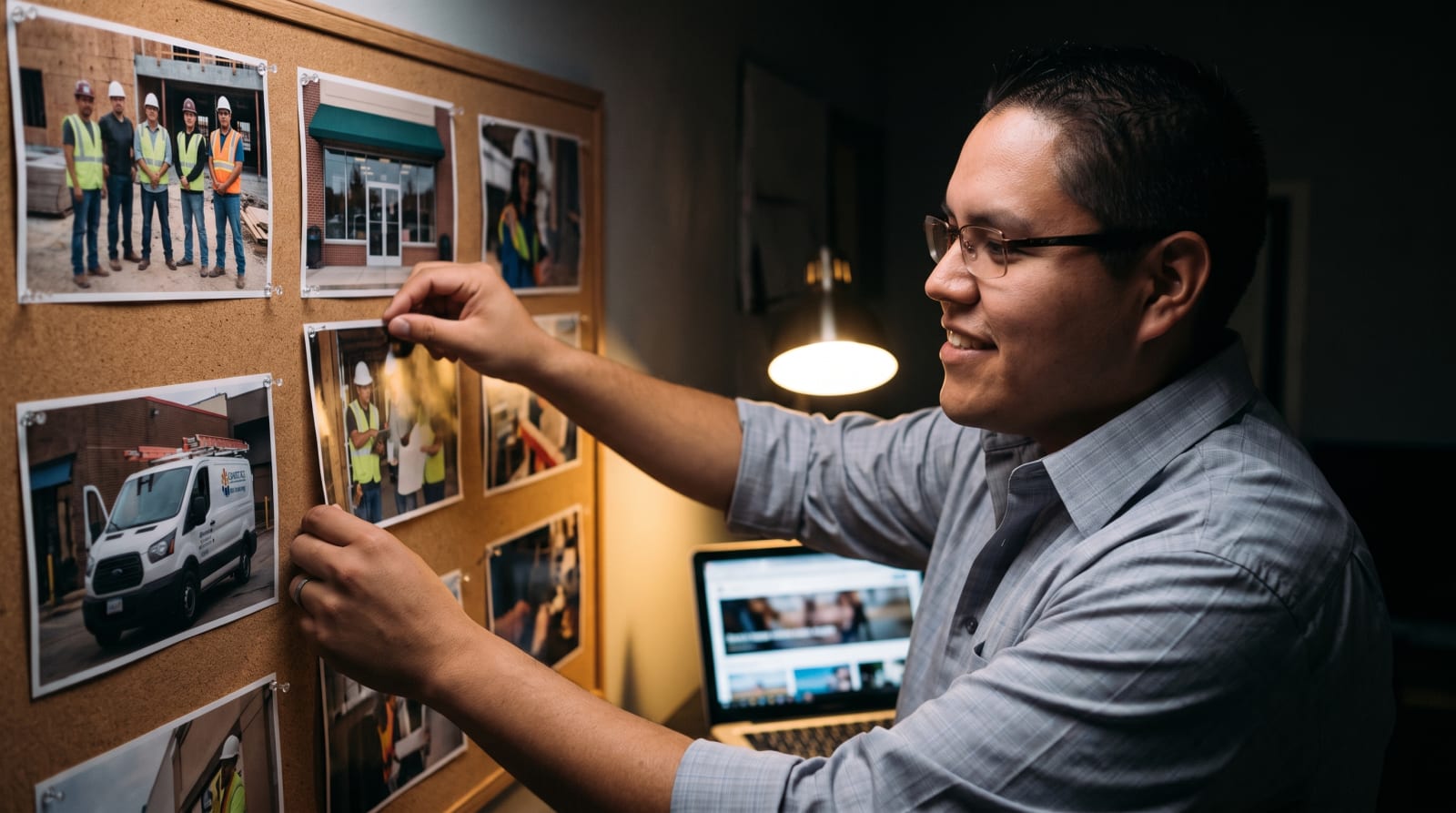 Savelle McThias pinning real workplace photos to a board beside a laptop showing a generic stock-photo site