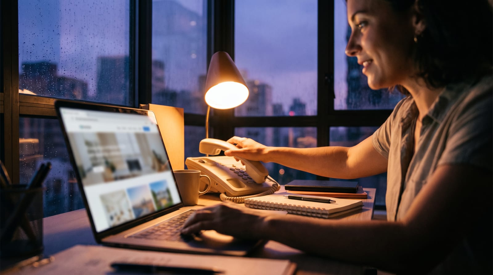 A realtor at a dusk-lit desk answering the phone promptly