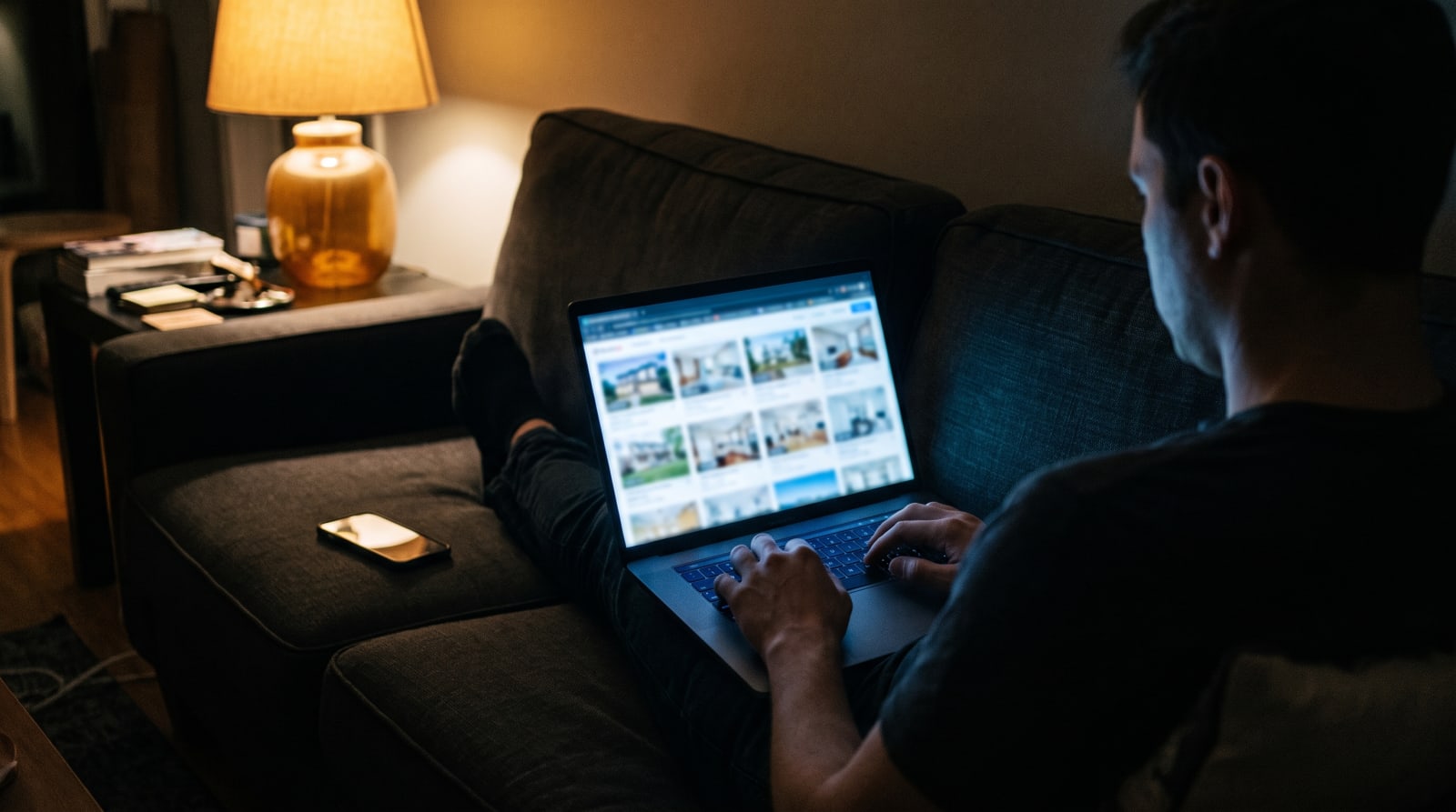 Someone on a couch late at night browsing a glowing grid of property listings on a laptop